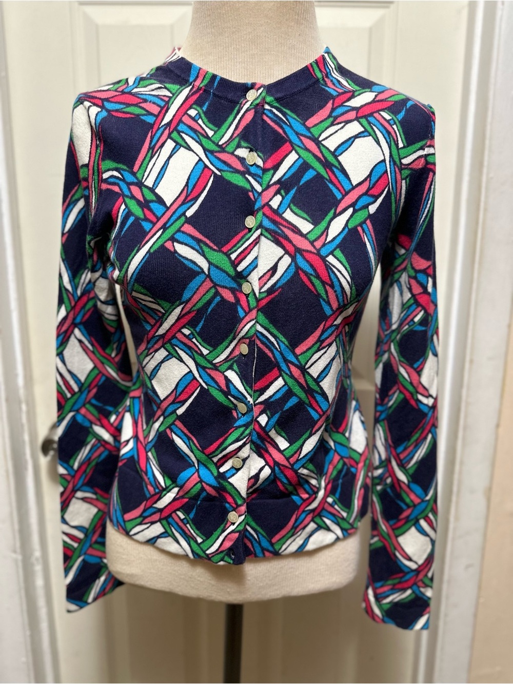 Lilly Pulitzer Navy Lattice Braided Knit Cotton Cardigan Sweater Size XS #680